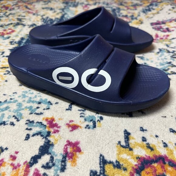 OOFOS Ooahh Sport Recovery Slide Sandals Navy Unisex M7/W9 Open Toe Big Logo - Picture 3 of 10